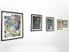 Anne Saddington : Still life with flowers in a jug, watercolour, 39cm x 56cm,