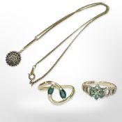 A 9ct yellow gold ring set with emeralds together with a further 18ct yellow gold ring set with