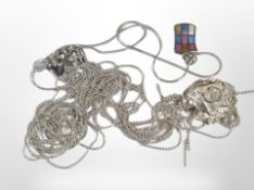 A multi-coloured enamelled silver pendant on chain, and a further silver rose necklace (tangled).