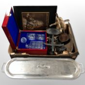 A stainless steel fish kettle, together with a boxed decanter and pair of tumblers,