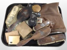 A group of compacts, rosewood dressing table brushes with silver mounts,