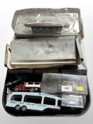 A group of Atlas editions, scale model battleships in boxs, Dinky Pullmore car transporter,