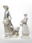 A Lladró figure of a woman and geese, and a further figure of a lady carrying a hen, tallest 31cm.