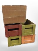 Five vintage painted pine bottle crates,