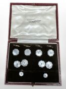 A cased set of 9ct white gold, platinum and diamond studded dress studs with cufflinks,