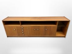 A teak mid century media unit, height 80 cm, width 248 cm, depth 45.5 cm.