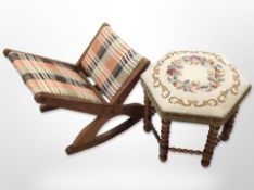 An oak hexagonal footstool and a gout stool