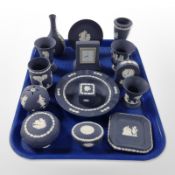 A collection of Wedgwood blue Jasperware cabinet china.