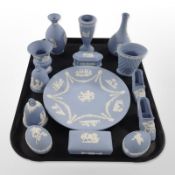 A group of Wedgwood blue and white Jasperware cabinet china.