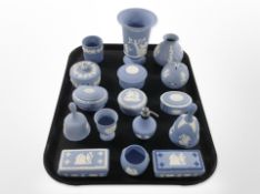 A group of Wedgwood blue and white Jasperware cabinet china.