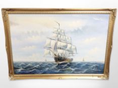 Ambrose (Contemporary) : A tall-masted ship on open seas, oil on canvas,