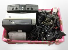 Three Xbox consoles, a Sony PS1 mini console, controllers, etc.