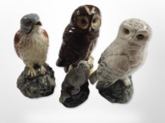 Four Beneagles Whyte and Mackay whisky decanters, to include snowy owl, kestrel, tawny owl,