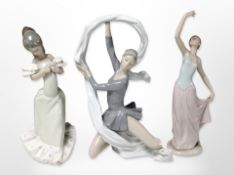 Two Nao figures of dancers, plus one other, tallest 34cm.