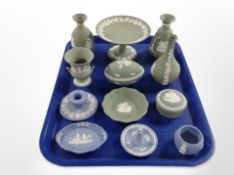 A collection of Wedgwood green and blue Jasperware cabinet china.