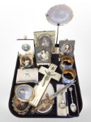 A mother of pearl-mounted crucifix, together with a group of portrait miniature prints,