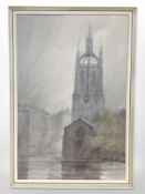 Continental school : View of a church tower in the rain, oil on canvas, 75cm x 50cm,