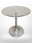 A contemporary chrome and glass circular occasional table, diameter 60cm.