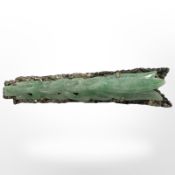An antique Chinese silver and jade brooch, length 68mm.