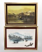 Two continental oil paintings on canvas depicting boats on still water,