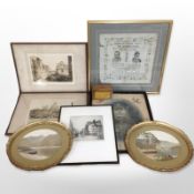 A group of antiquarian pictures and prints, antique charity donation box,