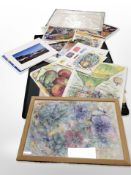 An artists folio containing a large quantity of mainly unframed watercolours and oil paintings,