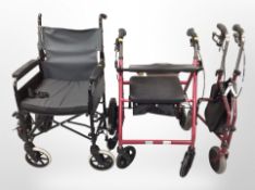 A folding wheelchair and two mobility walking aids.