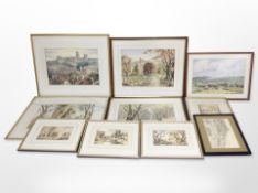 A group of pictures and prints including a watercolour of Durham Cathedral by W Allder,