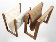 Two 20th-century Scandinavian teak and canvas magazine stands, largest 50cm wide.