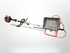 A petrol pole hedge trimmer, a further chainsaw attachment, and a sight light.