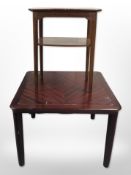 A square teak lamp table, width 70cm, and a further two-tier table.