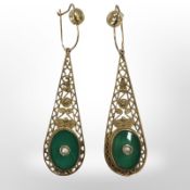 A pair of high-carat gold jade and pearl earrings, length 5cm overall.