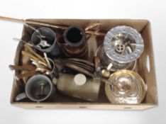 A copper and brass horn, pair of bellows, glove stretchers, tankards, etc.