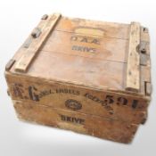 A vintage Danish pine shipping crate bearing advertising, width 65cm.