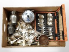 A quantity of EPNS cutlery, oak biscuit barrel with silver-plated lid, bottle coaster,