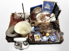 A group of ceramics, glass, home wares, silver-plated salvers, tea china, Eastern carved lamp base,