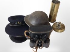 A pair of Tecnar 8x30 binoculars in case, together with a trench art ashtray, further shell,