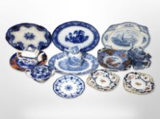 A group of blue and white meat plates, teapots, Imari twin-handled bowl, etc.
