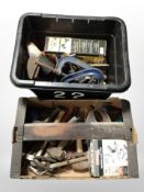 A quantity of vintage and later tools including record vices, woodworking plane, cobbler's last,