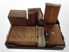 A group of Victorian and later table boxes, miniature pine four-drawer chest, etc.