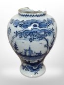 A Delft blue and white vase (as found), height 20cm.
