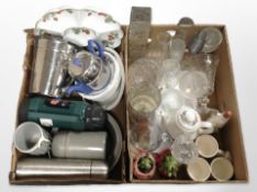 A group of dinner wares, flasks, stainless steel ice bucket,