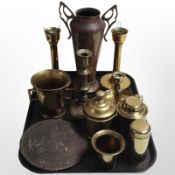 A group of metal wares including pair of brass candlesticks, mortar,