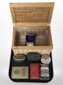 A wicker and pine box and six assorted money boxes, and a safety razor, in box.