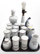 A collection of Bing & Grøndahl porcelain kitchen storage jars, together with a decanter,