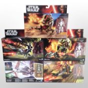 Five Hasbro Disney Star Wars figurines including Assault Walker, Elite Speeder Bike, etc., boxed.