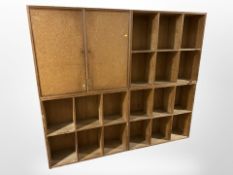 A vintage pine and ply open bookcase, 196cm wide x 28cm deep x 170cm high.