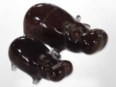 Two Paul Adler glass figures of hippos, largest 12cm long.