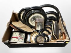 A quantity of picture frames, some containing portrait photographs, treen items,
