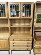 A Danish oak and stained glass dresser, 80cm wide x 40cm deep, 185cm high.